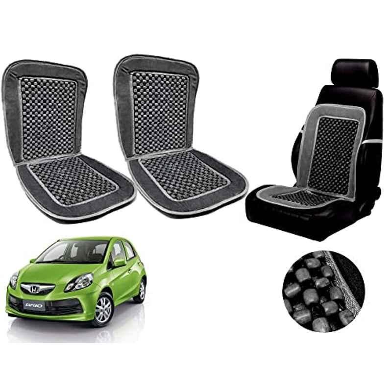 Auto Pearl PU, Velvet & Wooden Beads Grey Rectangular Seat Cushion for Honda Brio (Pack of 2 )