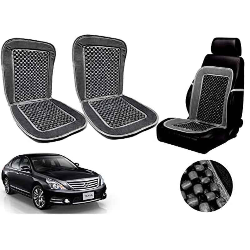 Auto Pearl PU, Velvet & Wooden Beads Grey Rectangular Seat Cushion for Nissan Teana (Pack of 2 )