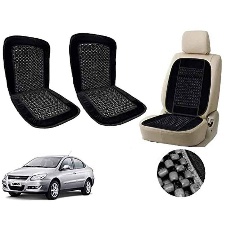 Auto Pearl PU, Velvet & Wooden Beads Black Rectangular Seat Cushion for Daewoo Cielo (Pack of 2 )