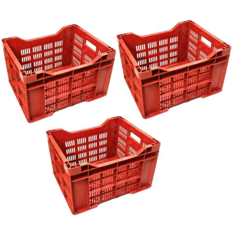 Xela 003 40x31x24cm Plastic Red Multipurpose Heavy Duty Portable Crate, (Pack of 3)