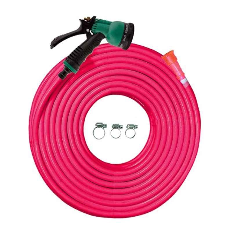 Cinagro 5m Polyvinyl Chloride Pink Braided Hose Pipe with Nozzle Sprayer, Tap Adapter & 3 Clamps, CNG361