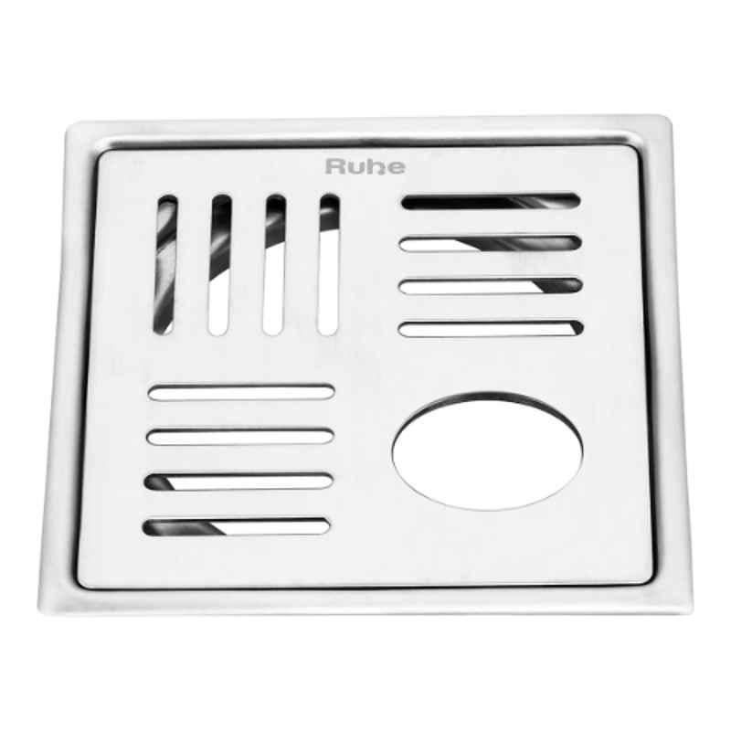 Ruhe Ruby 6x6 inch Stainless Steel 304 Matt Finish Square Flat Cut Floor Drain with Hole, 16-0511-16