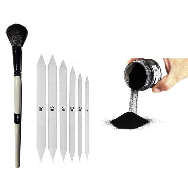 ChiggiWiggi 21cm Art Blending Brush, 6 Pcs Blending Paper Stumps Set & 30g Charcoal Powder Combo, C166