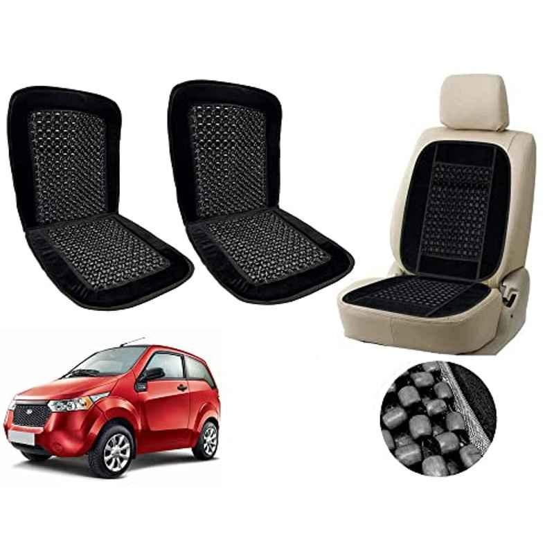 Auto Pearl PU, Velvet & Wooden Beads Black Rectangular Seat Cushion for Mahindra Reva (Pack of 2 )