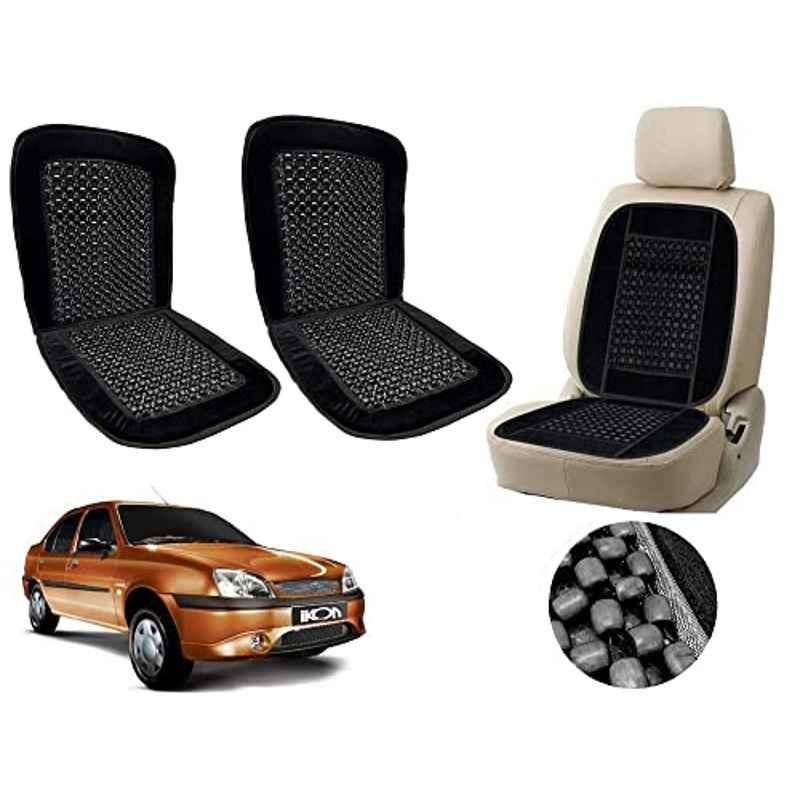 Auto Pearl PU, Velvet & Wooden Beads Black Rectangular Seat Cushion for Ford Ikon (Pack of 2 )