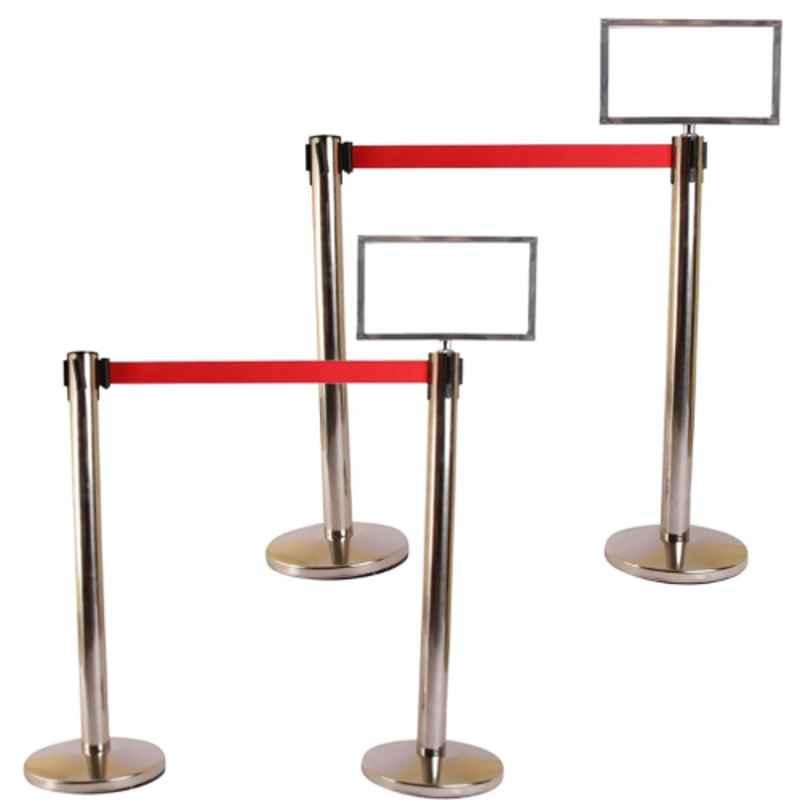 Ladwa 4 Pcs Stainless Steel 202 Hook Type Q Manager Set with 2.25m Red Nylon Belt & A3 Sign Plate, LSI-QMR-A3-P4-N
