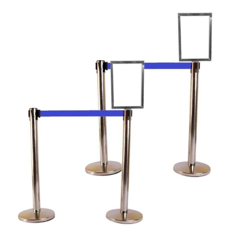 Ladwa 4 Pcs Stainless Steel 202 Hook Type Q Manager Set with 2.25m Blue Nylon Belt & A4 Sign Plate, LSI-QMBE-A4-P4-N
