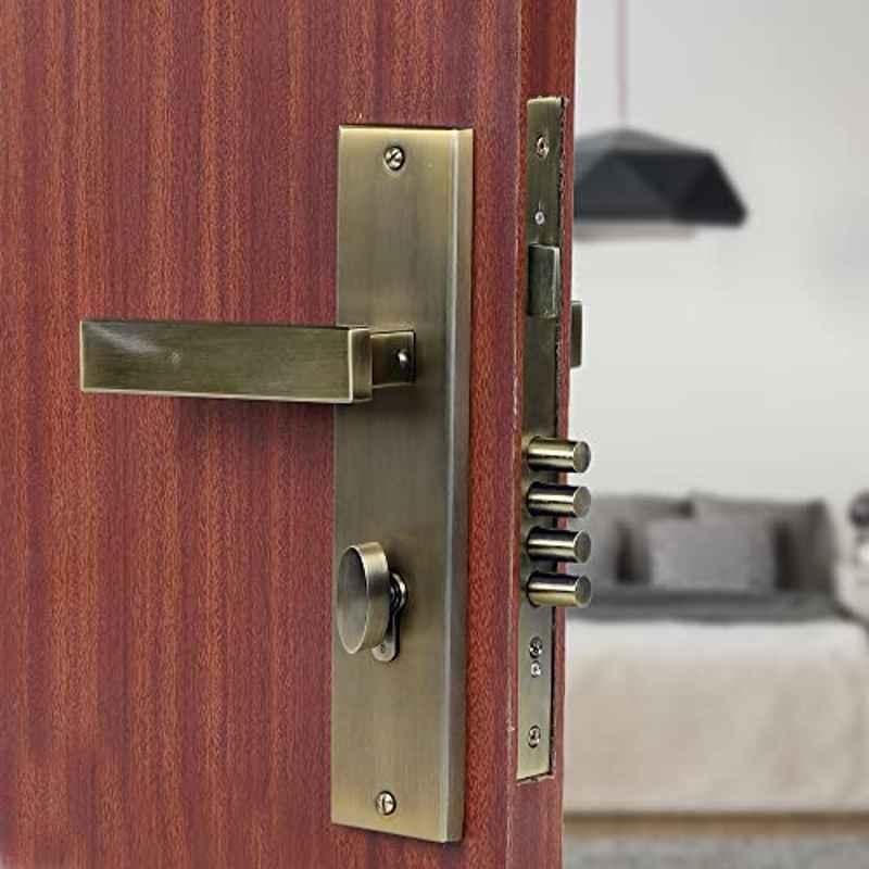 Saze 10 inch Stainless Steel Antique Brass Finish Cylindrical Plate One Side Key Mortise Door Lock Handle Set with 3 Keys, LB-1007