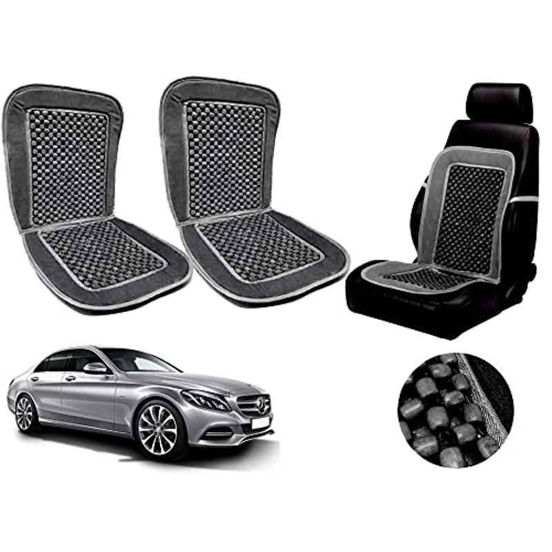 Auto Pearl PU, Velvet & Wooden Beads Grey Rectangular Seat Cushion for Mercedes C200 (Pack of 2 )