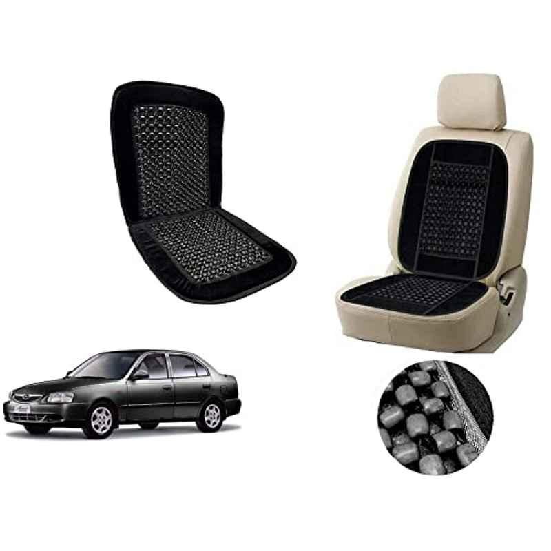 Auto Pearl PU, Velvet & Wooden Beads Black Rectangular Seat Cushion for Hyundai Accent