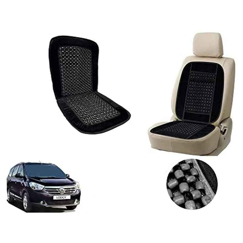 Auto Pearl PU, Velvet & Wooden Beads Black Rectangular Seat Cushion for Renault Lodgy