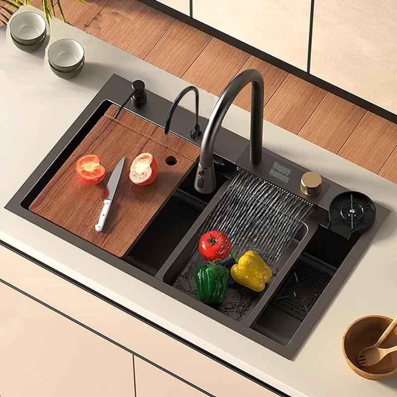 Happy Homes Stainless Steel 304 Grade Single Bowl Kitchen Sink 30x18x9 inch Black Waterfall Workstation with Pull-Down Faucet