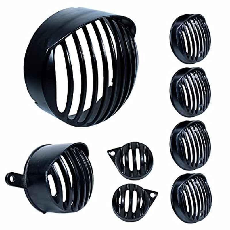 Miwings Complete Metal Bullet Headlight, Taillight, Indicators Grills Set For Royal Enfield Bullet Classic 350 & 500 Cc (Set Of 8, Black With Cap)