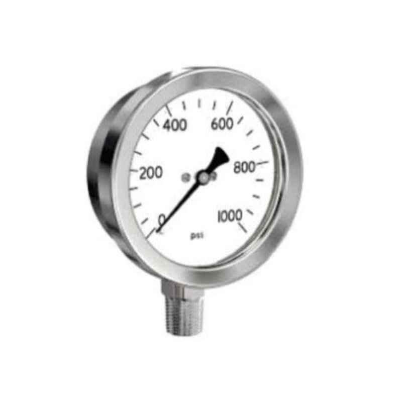 SFI 0-3000psi BSP & NPT Stainless Steel Case & Part BACK Pneumatic Pressure Guage, Dial Size: 4 inch, Thread Size: 3/8 inch