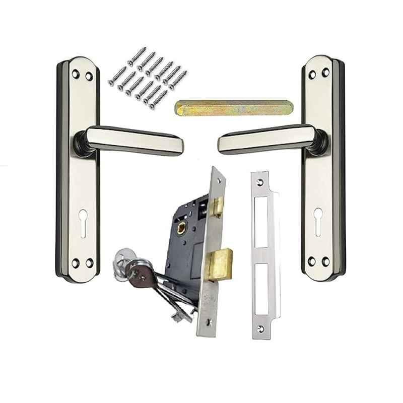 Ojass 7 inch Brass & Steel Black & Silver Mortise Lock Set, BML65ABL+S05MBS