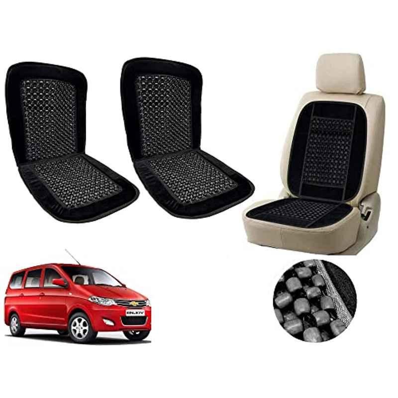 Auto Pearl PU, Velvet & Wooden Beads Black Rectangular Seat Cushion for Chevrolet Enjoy (Pack of 2 )