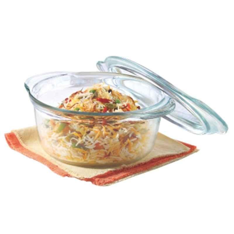 Borosil 1.75L Glass Transparent Deep Round Casserole with Flat Lid, IH22CA13701