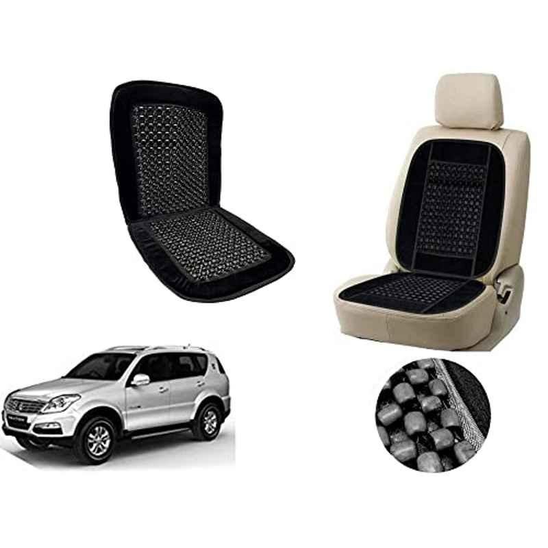 Auto Pearl PU, Velvet & Wooden Beads Black Rectangular Seat Cushion for Mahindra Rexton