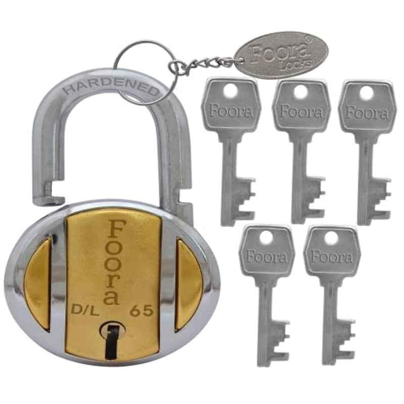Foora DL-65 65mm Brass Silver Top Round Lock with 8 Steel Lever, 5 Keys & Keychain