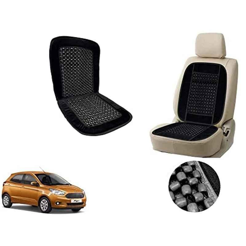 Auto Pearl PU, Velvet & Wooden Beads Black Rectangular Seat Cushion for Ford Figo