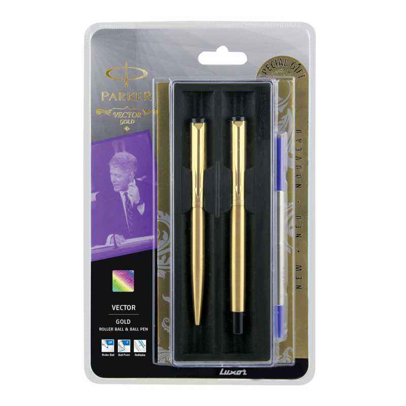 Parker Vector Gold Roller Ball Pen+Ball Pen with Free Gift Wrap Sleeve, 9000023636