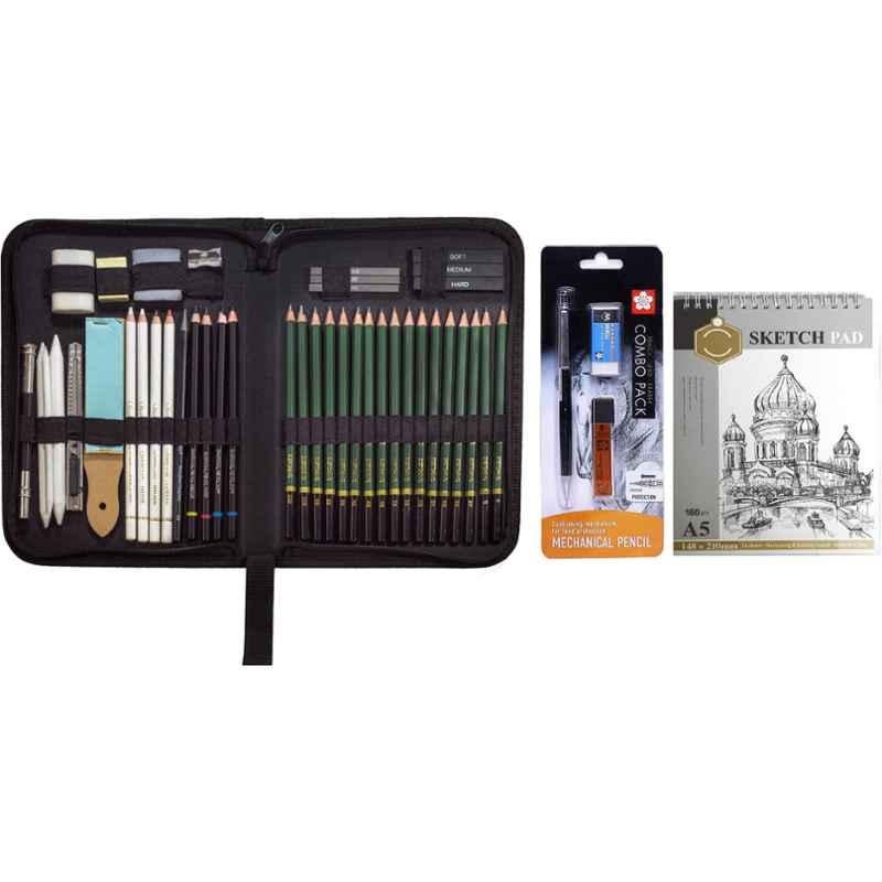 ChiggiWiggi 42 Pcs Professional Drawing & Sketching Pencil Set with Zippered Carrying Case, Sakura Mechanical Pencil & 24 Sheet A5 Drawing Sketching Pad Combo, C20