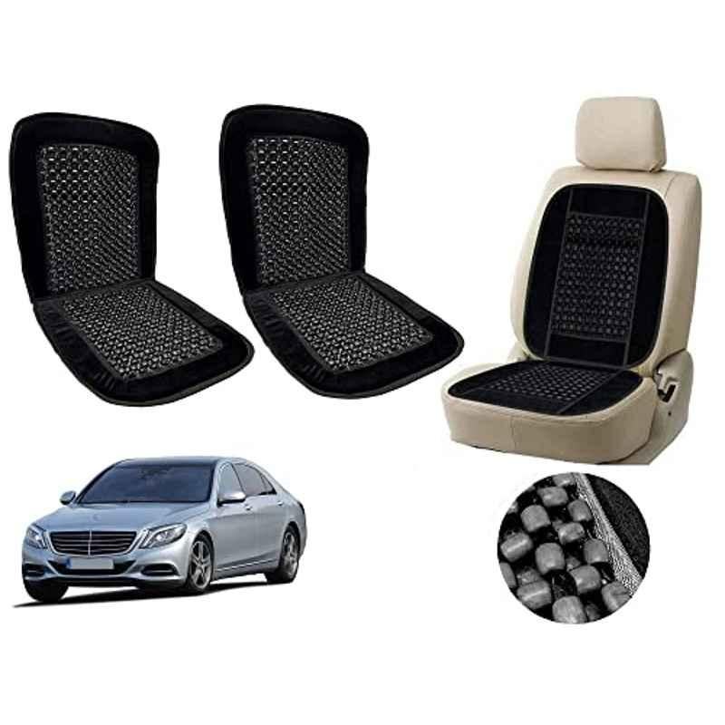 Auto Pearl PU, Velvet & Wooden Beads Black Rectangular Seat Cushion for Mercedes Benz S-Class (Pack of 2 )