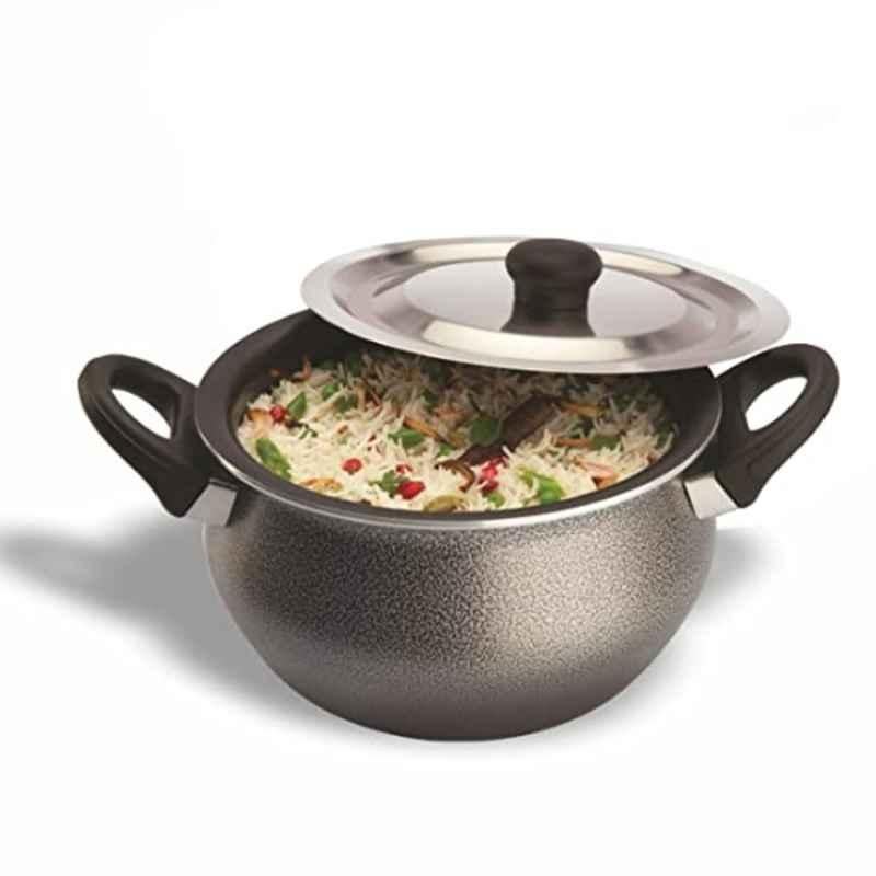 Maple 4L Aluminum Hammertone Finish Grey Non Stick Biryani Handi with Stainless Steel Lid, 72NS027
