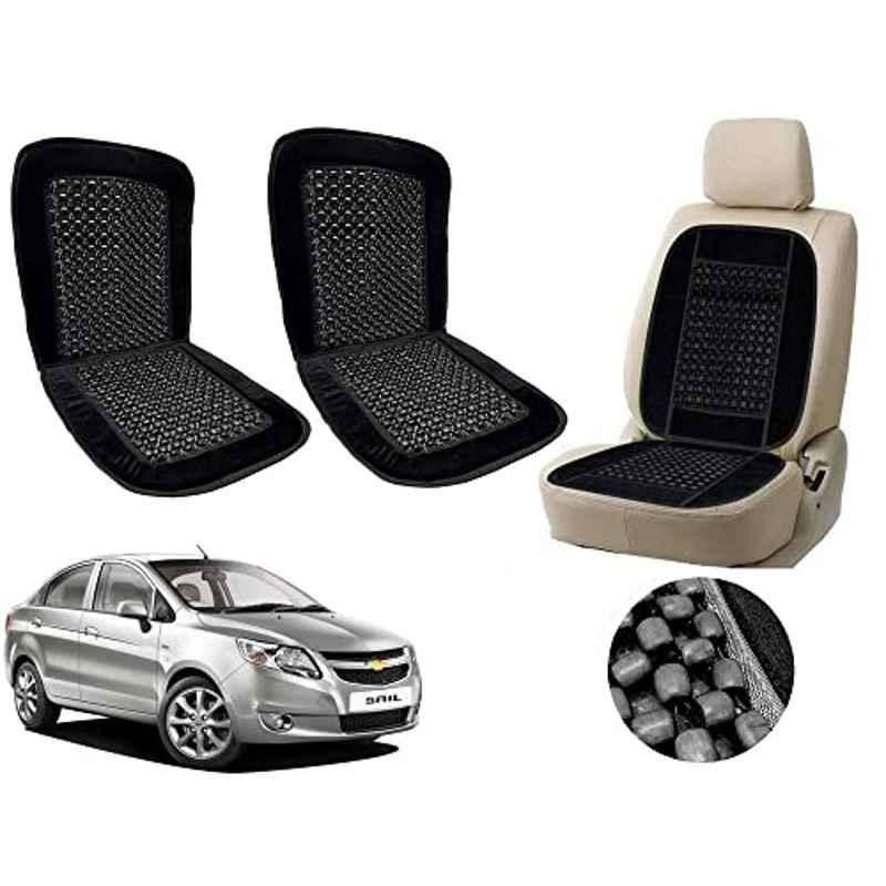 Auto Pearl PU, Velvet & Wooden Beads Black Rectangular Seat Cushion for Chevrolet Sail (Pack of 2 )