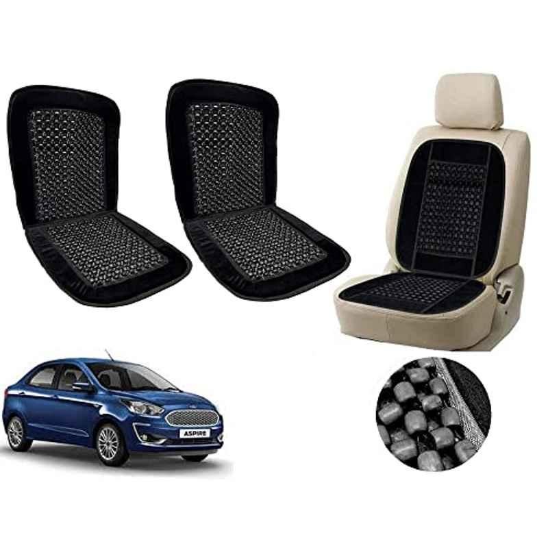 Auto Pearl PU, Velvet & Wooden Beads Black Rectangular Seat Cushion for Ford Aspire 2019 (Pack of 2 )