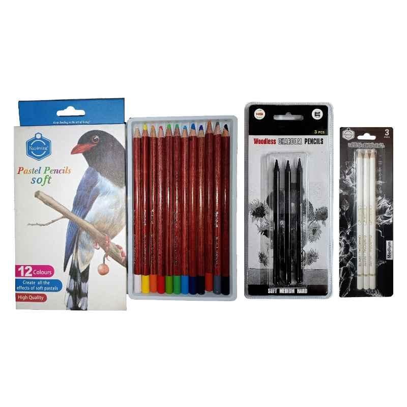 ChiggiWiggi 12 Pcs Professional Art Soft Pastel Pencil Colour Set, 3 Pcs White xxlarge Charcoal Pencil Set & 3 Pcs Black Woodless Charcoal Pencil Set Combo, C52