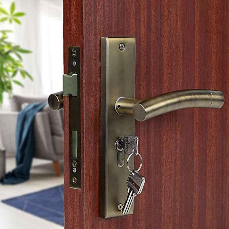 Voltizi 8 inch Stainless Steel 304 Antique Brass Finish Cylindrical Plate Mortise Door Lock Handle Set with Both Side Key 60mm Brass Cylinder, MG-1101