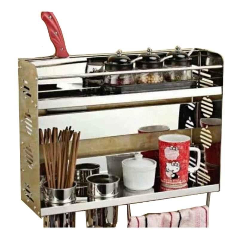 IRIS Stainless Steel Silver Two Layers Multi Utility Kitchen Shelf with 4 Cup Holders