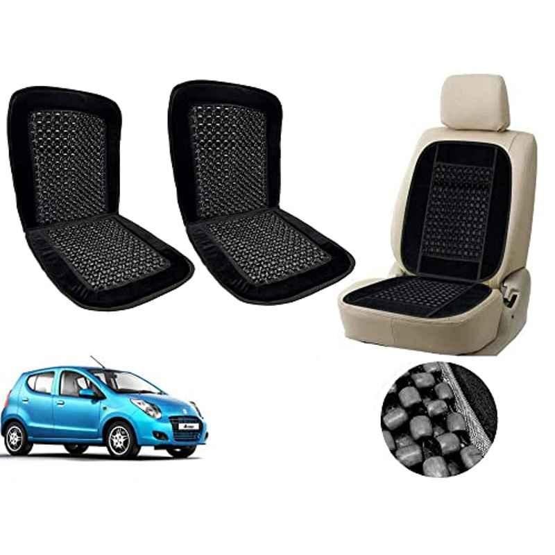 Auto Pearl PU, Velvet & Wooden Beads Black Rectangular Seat Cushion for Maruti A-Star (Pack of 2 )