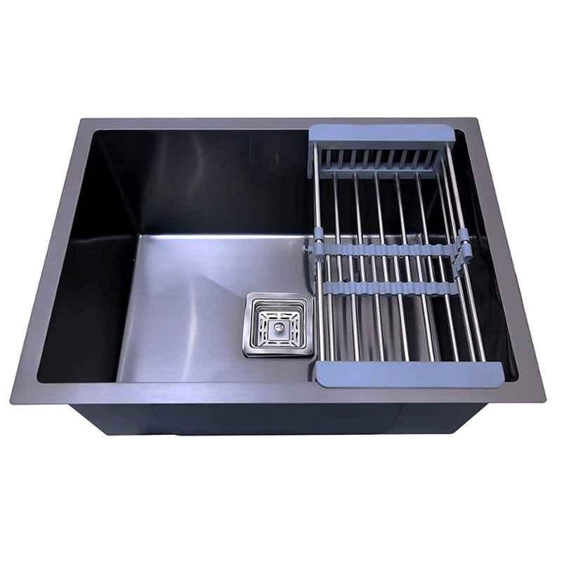 Happy Homes 24x18x10 inch Black Matt Satin Finish Stainless Steel Single Bowl Modular Kitchen Sink with Square Coupling & Metal Fruit Basket, HH-11