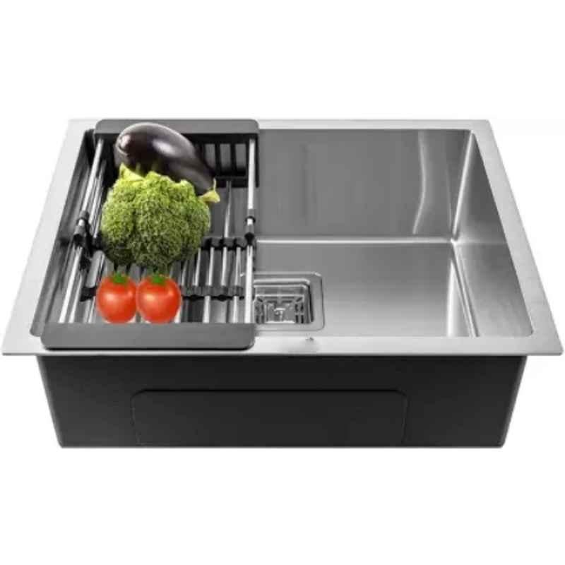 IRIS Stainless Steel 304 Single Bowl Kitchen Sink 24x18x10 inch Chrome Handmade with Waste Pipe, Waste Coupling & Drain Basket