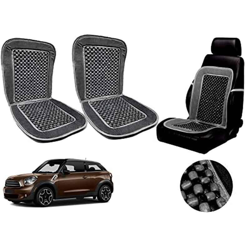 Auto Pearl PU, Velvet & Wooden Beads Grey Rectangular Seat Cushion for Mini Paceman (Pack of 2 )