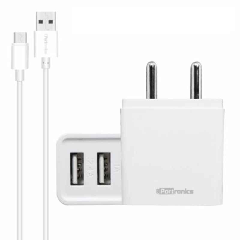 Portronics Adapto 648 White 2.4A Charger with Dual USB Port, POR-648