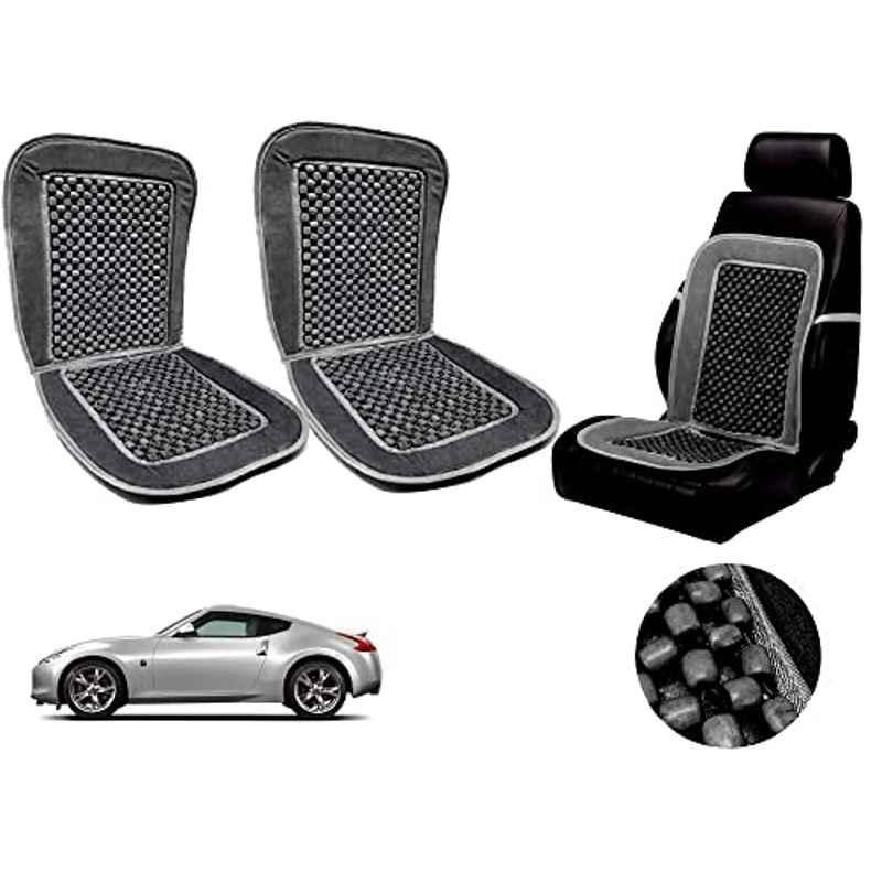 Auto Pearl PU, Velvet & Wooden Beads Grey Rectangular Seat Cushion for Nissan 370z (Pack of 2 )