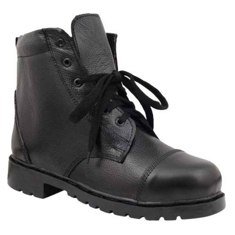 Neosafe A5033 Leather Round Steel Toe High Ankle Black Work Safety Shoes, Size: 11