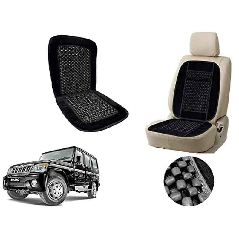 Auto Pearl PU, Velvet & Wooden Beads Black Rectangular Seat Cushion for Mahindra Bolero
