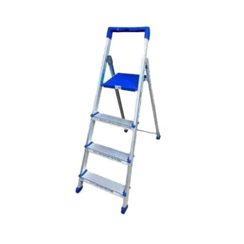 TNC Best 4U 150kg 4 Steps Aluminium & Plastic Silver & Blue Foldable Ladder with Platform & Hand Rail, 40104