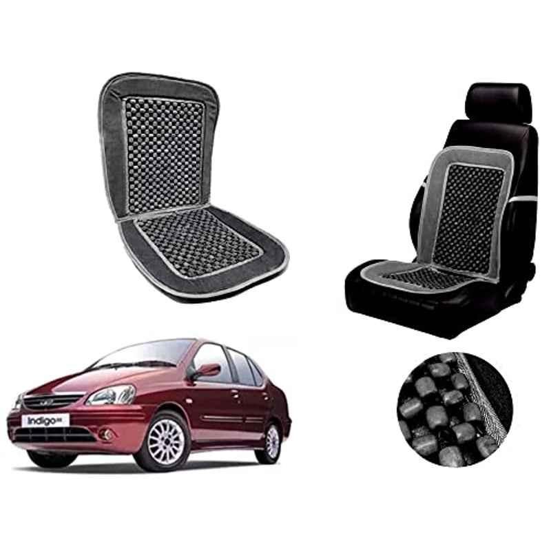 Auto Pearl PU, Velvet & Wooden Beads Grey Rectangular Seat Cushion for Tata Indigo