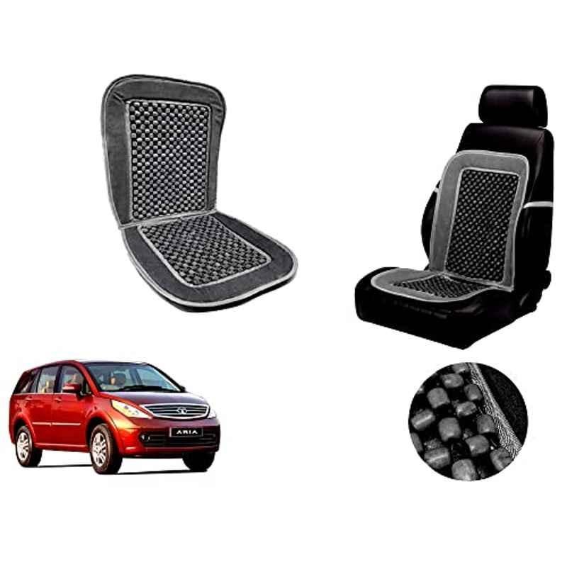 Auto Pearl PU, Velvet & Wooden Beads Grey Rectangular Seat Cushion for Tata Aria