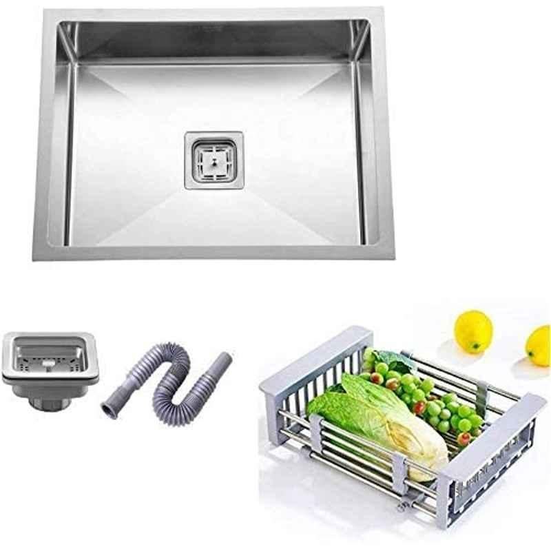 Happy Homes 22x18x10 inch Matt Satin Finish Stainless Steel Single Bowl Modular Kitchen Sink with Square Coupling & Metal Fruit Basket, HH-05
