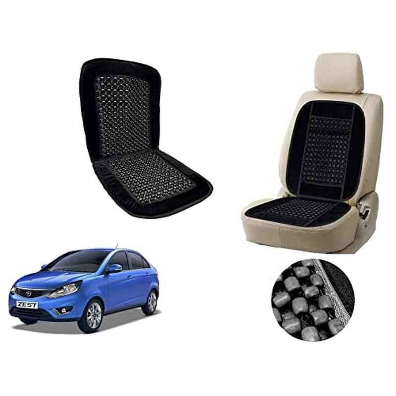 Auto Pearl PU, Velvet & Wooden Beads Black Rectangular Seat Cushion for Tata Zest