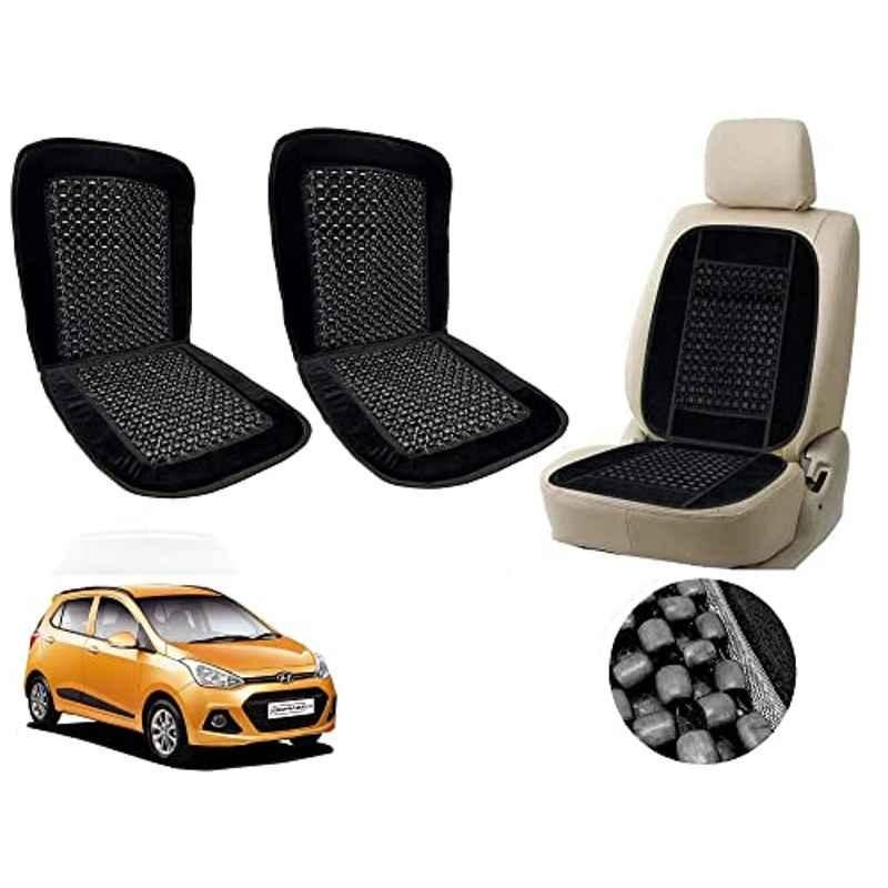 Auto Pearl PU, Velvet & Wooden Beads Black Rectangular Seat Cushion for Hyundai Grand i10 (Pack of 2 )