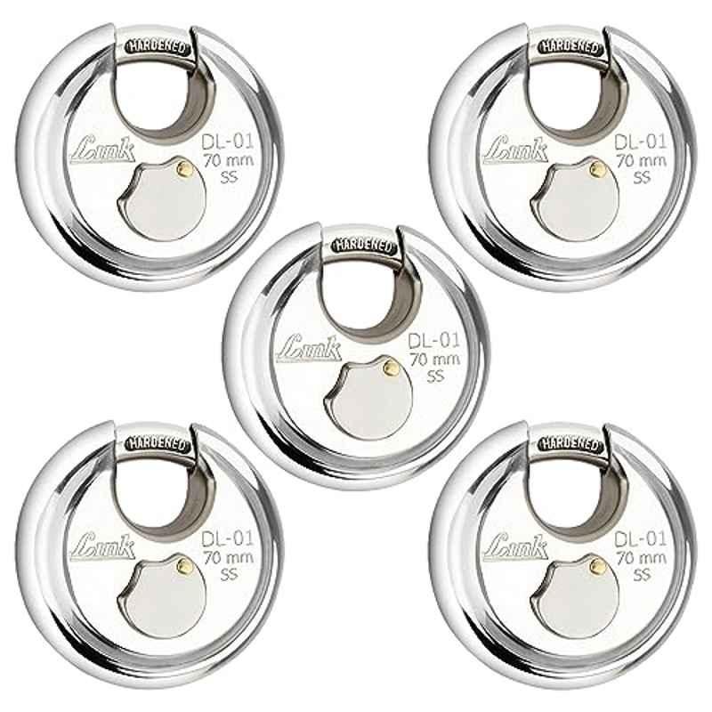 Link 70mm Stainless Steel Hardened Shackle Round Padlock with 3 Silver Keys & Free Key Hanger, DL-01-70 SS (Pack of 5)