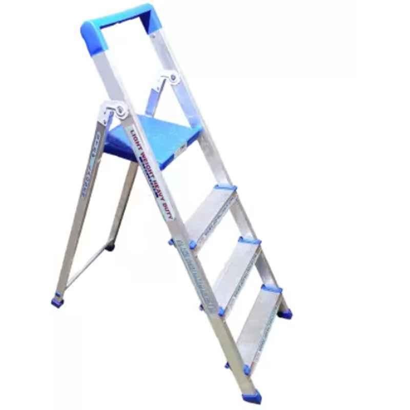 TNC Smart Buy Economy Range 90kg 4 Steps Aluminium & Plastic Silver & Blue Foldable Ladder with Platform & Hand Rail, SL-0155