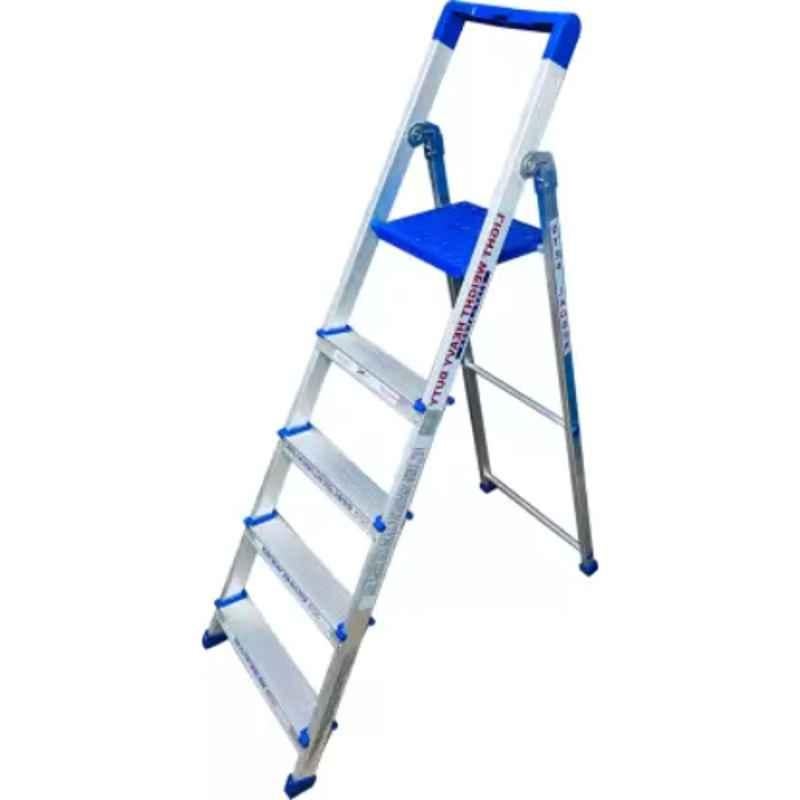 TNC Best Choice Economy 75kg 5 Steps Aluminium & Plastic Silver & Blue Foldable Ladder with Platform, SL-0103
